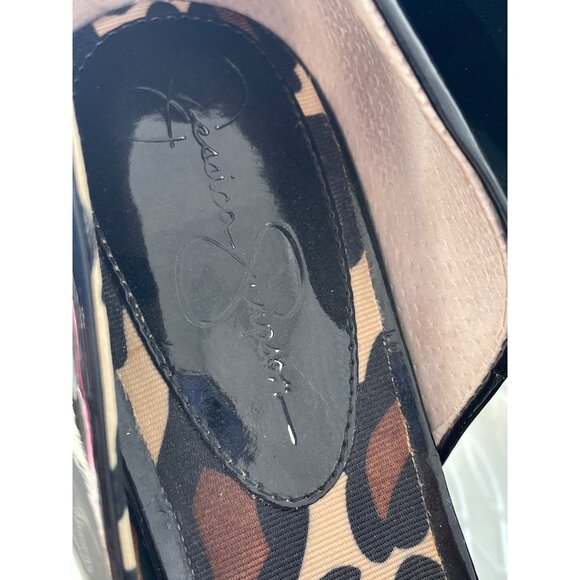 Jessica Simpson Acadia Pumps Size 9.5 Black Patent Leather Peep Toe Animal Print - Picture 3 of 10